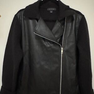 Ann Taylor Black Leather Jacket with Knit Sleeves